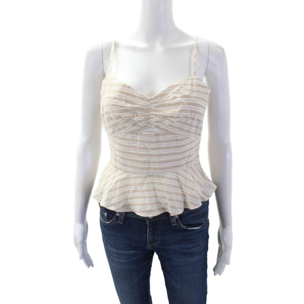 Intermix Womens Spaghetti Strap Cut Out Ruffled Striped Top Brown White Petite